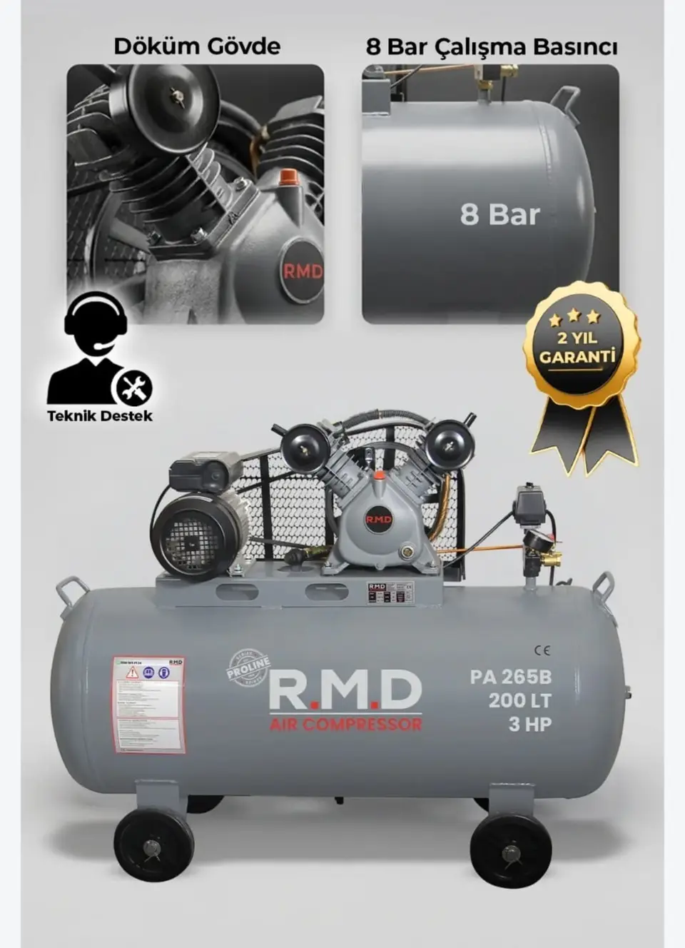 RMD PA 265B Pistonlu Kompresör 200 Lt 3 HP